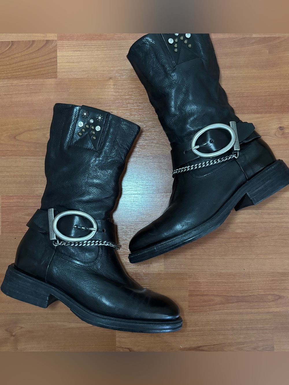 Women’s AS98 Black leather biker boots with silver hardware size 38